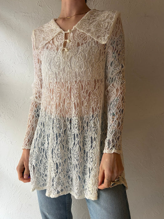 90s 'Ashley Brook' White Lace Top / Small - Medium