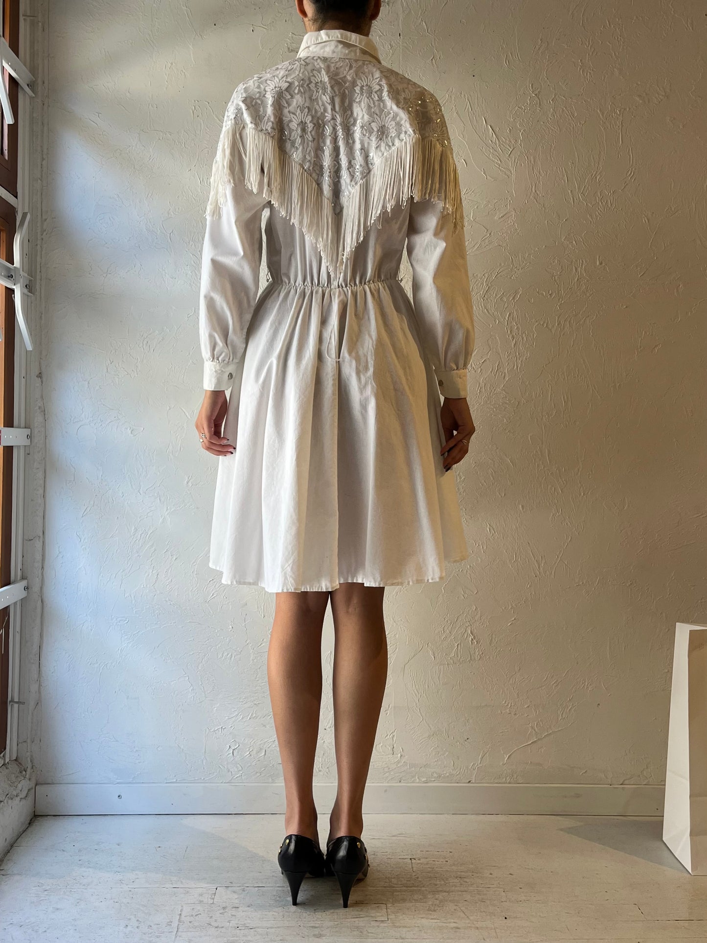80s 'Lila Suilty' White Fringe Western Dress / Small