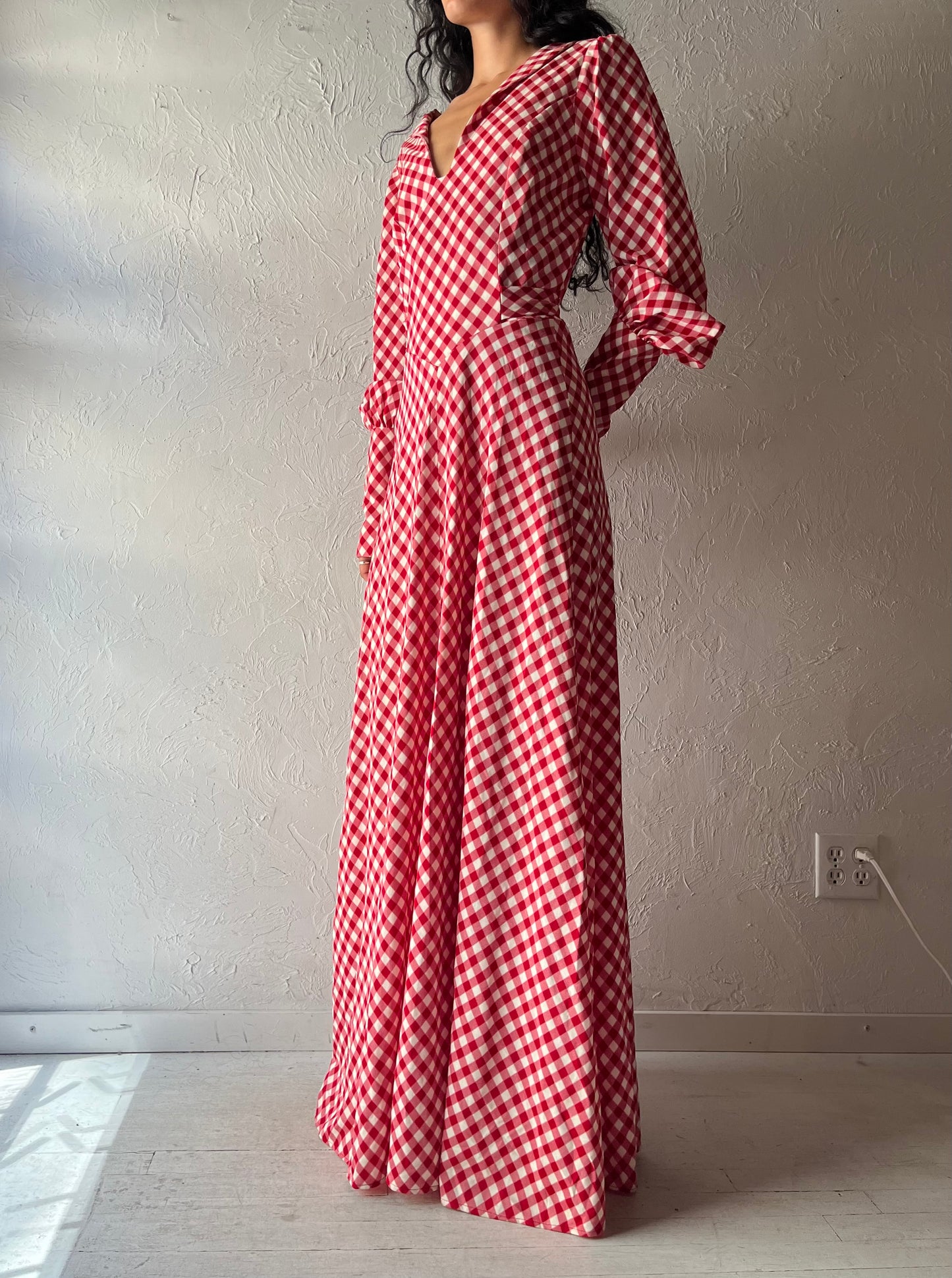 Vintage Red Gingham Long Sleeve Maxi Dress / Medium