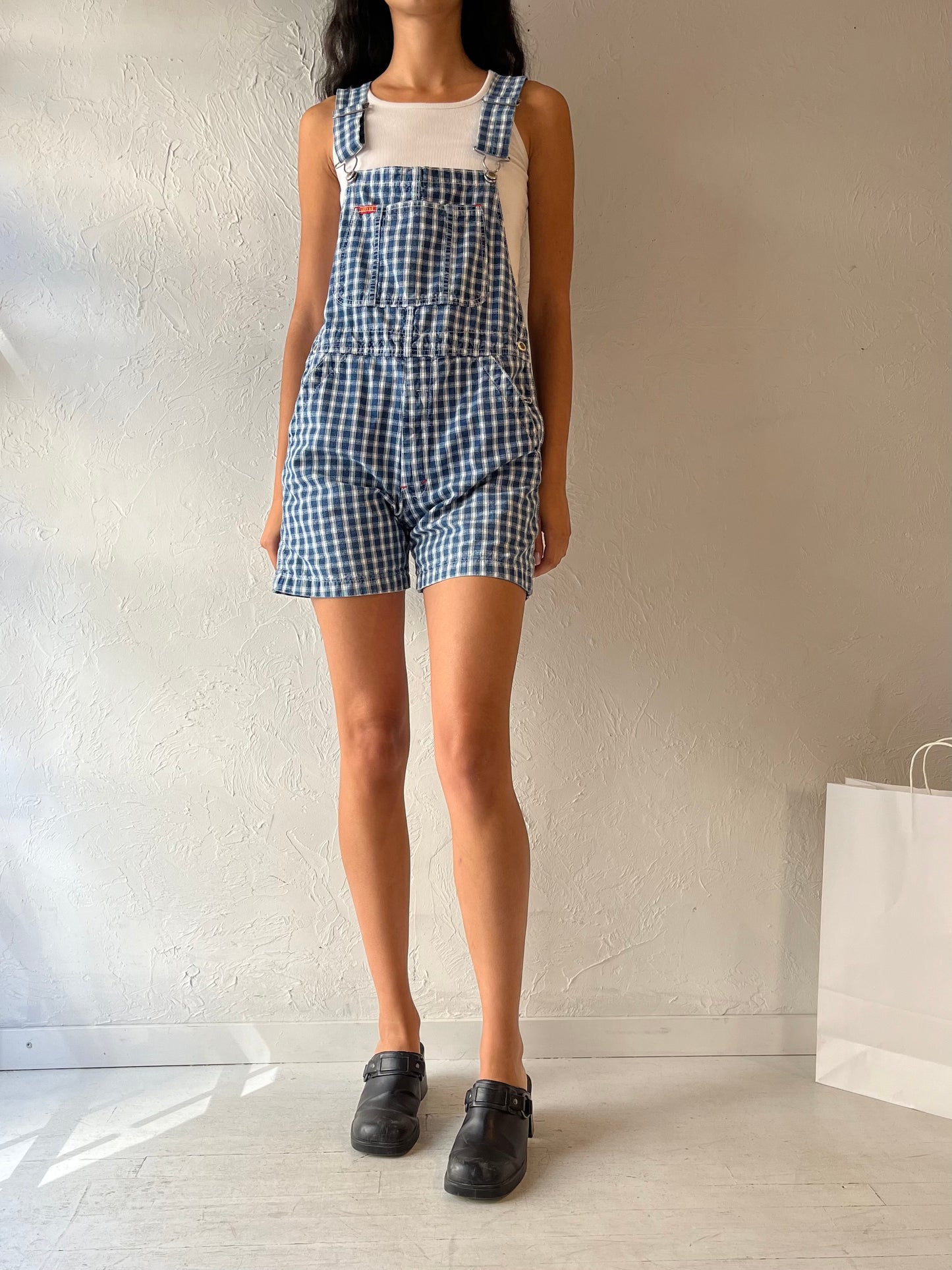 90s 'Ikeda' Plaid Denim Overall Shorts / Small