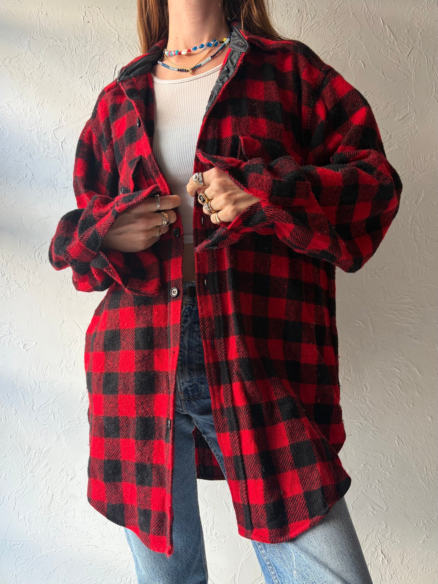 Vintage 'Woolrich' Red Plaid Knit Shit / Large