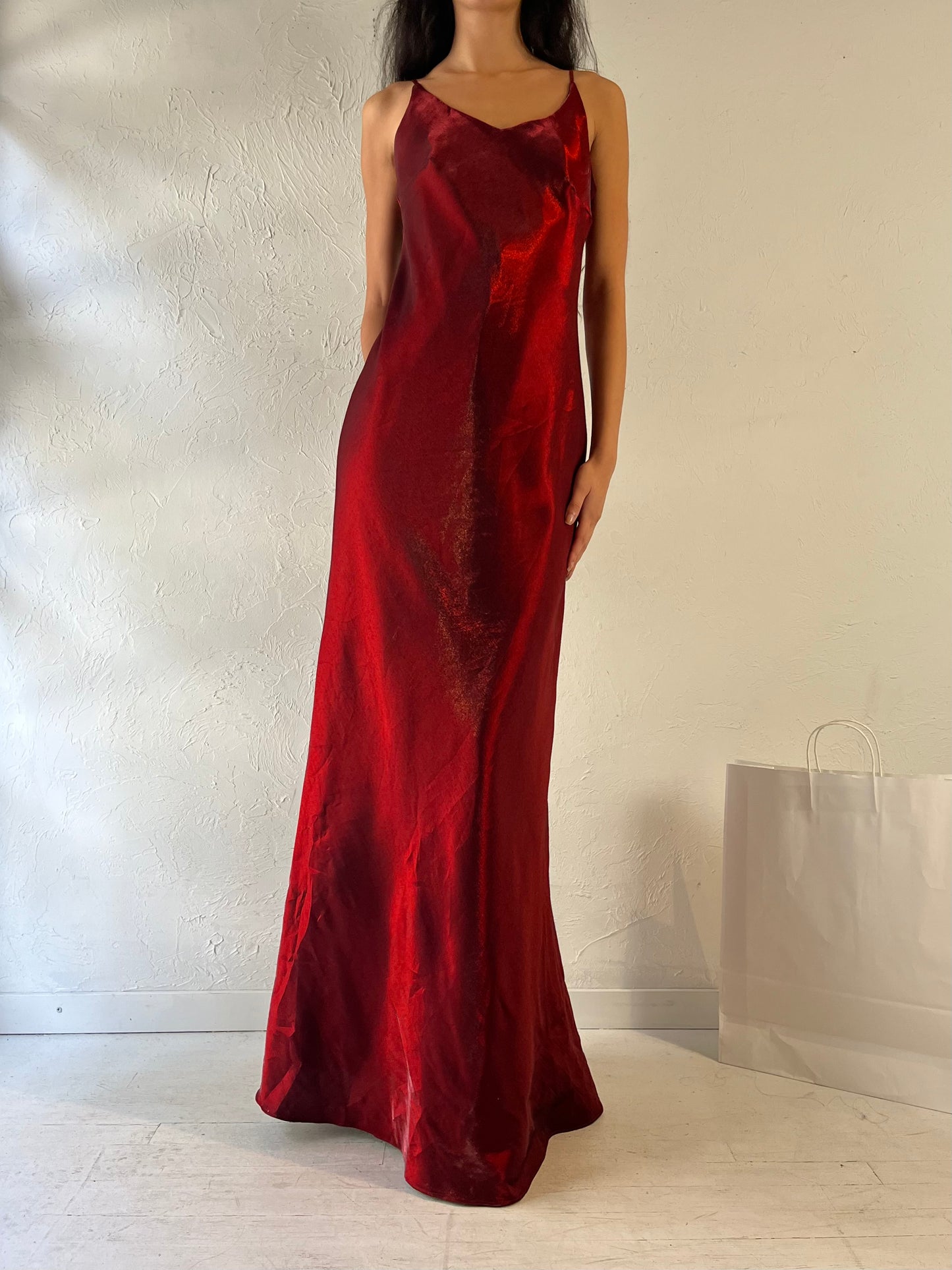 90s 'Jessica' Long Red Shiny Dress Gown / Medium