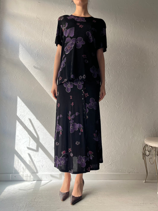 80s 'Jo Star' Black Floral Grunge Top and Skirt Set / Vintage 1980s Reto Two Piece Matching Set / Small