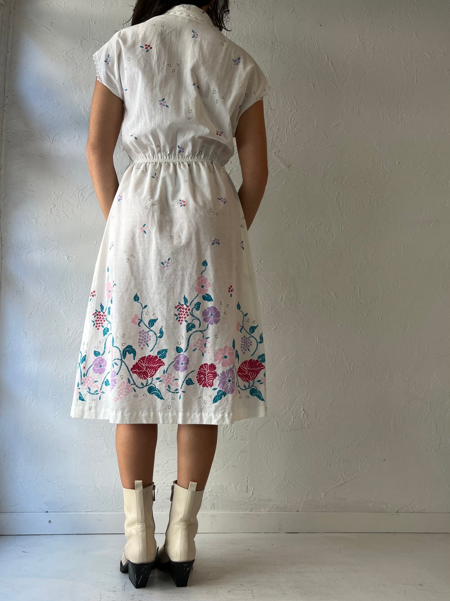 60s 'White' Floral Dress / Union Made / Small