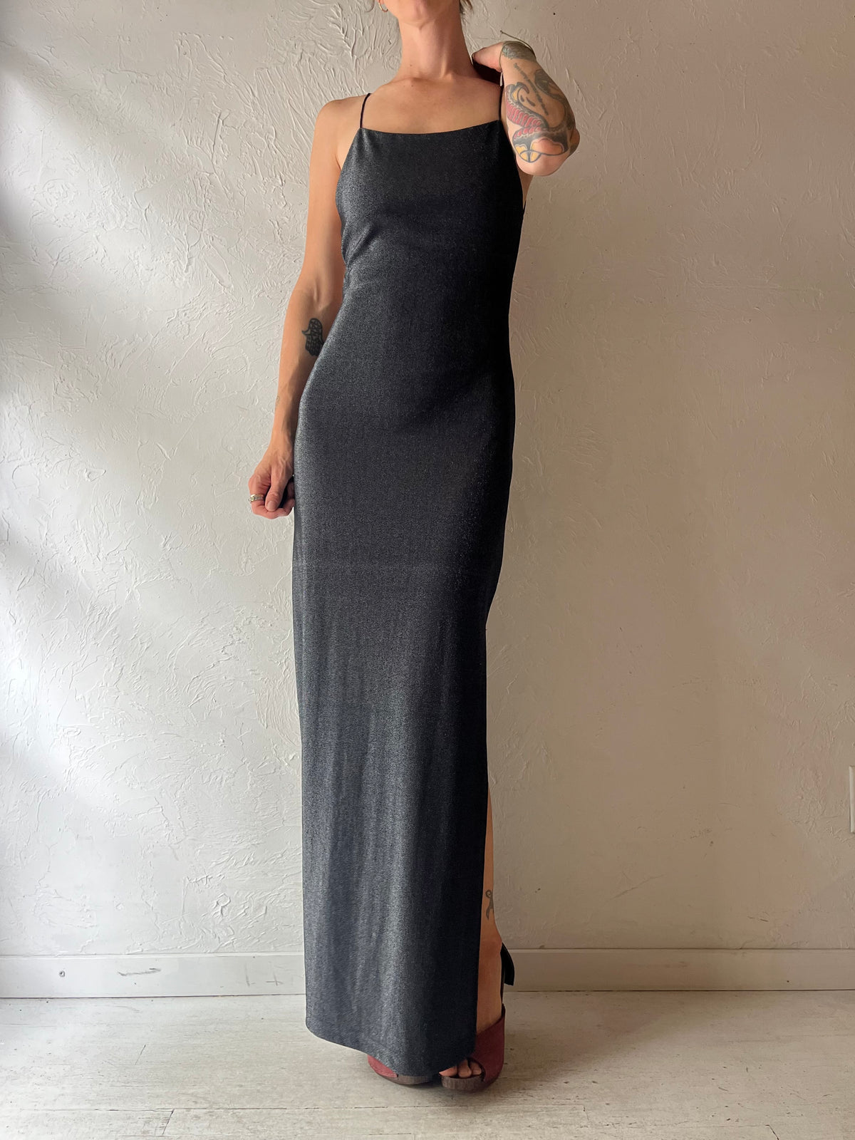 Y2k 'City Triangle' Black Sparkly Metallic Bodycon Evening Gown Minimalist Goth Party Maxi Dress / Small