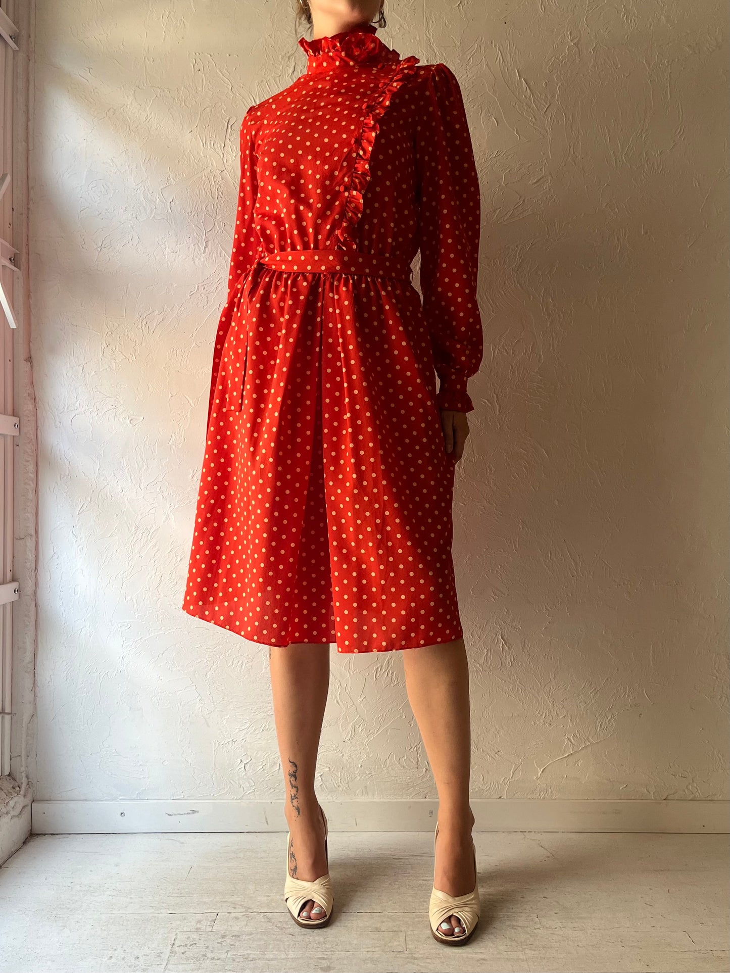 80s 'Benee' Red Polka Dot Long Sleeve Casual Midi Spring Dress / Medium