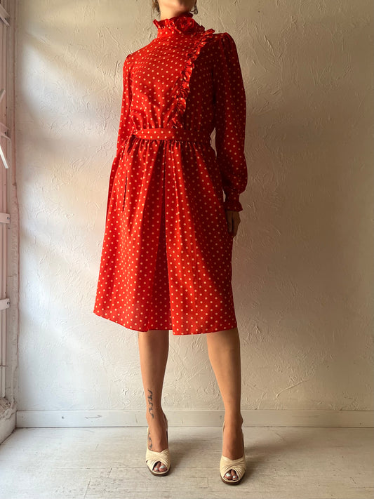 80s 'Benee' Red Polka Dot Long Sleeve Casual Midi Spring Dress / Medium