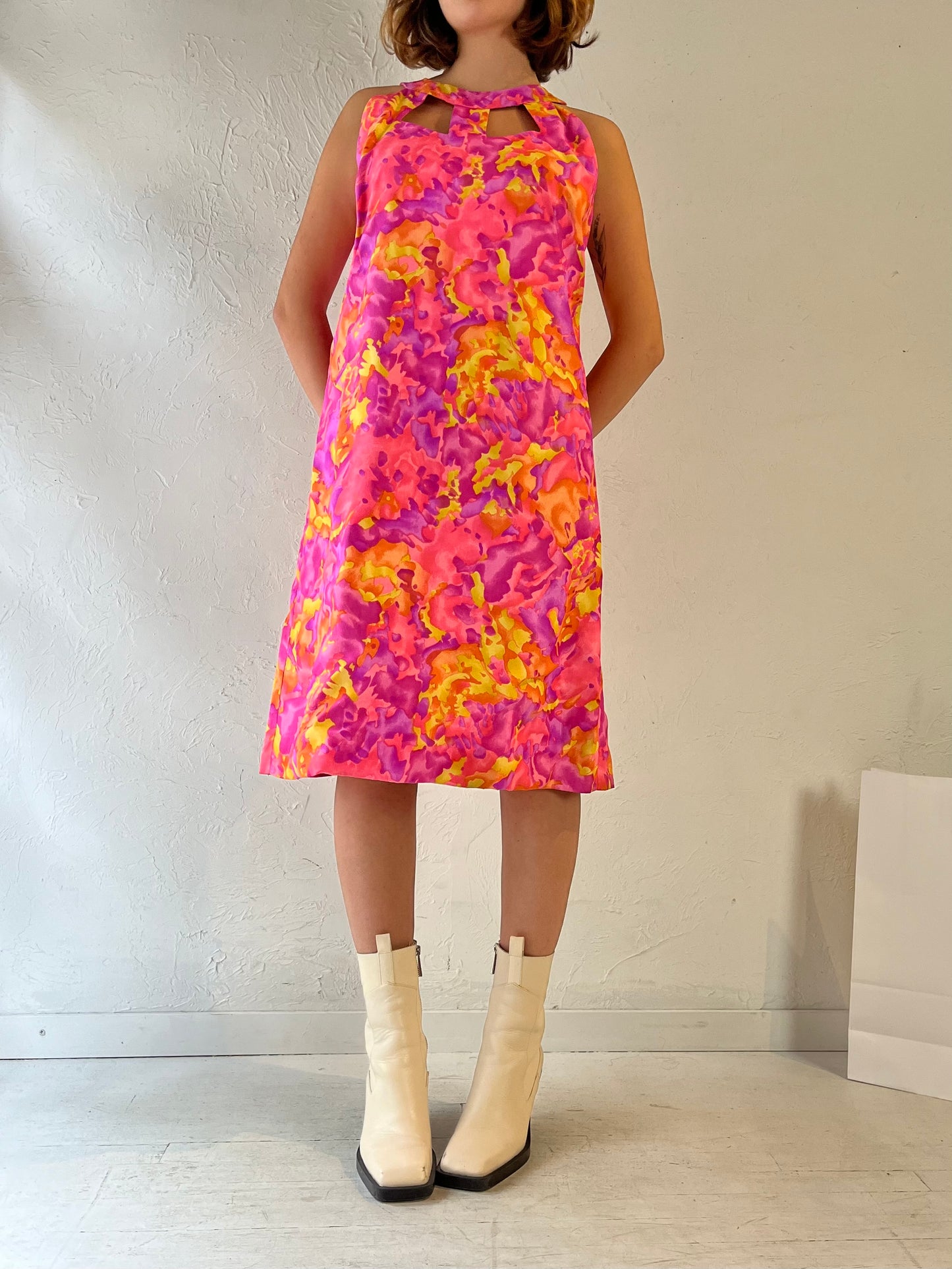 70s Handmade Pink Water Color Cut Out Dress / Medium