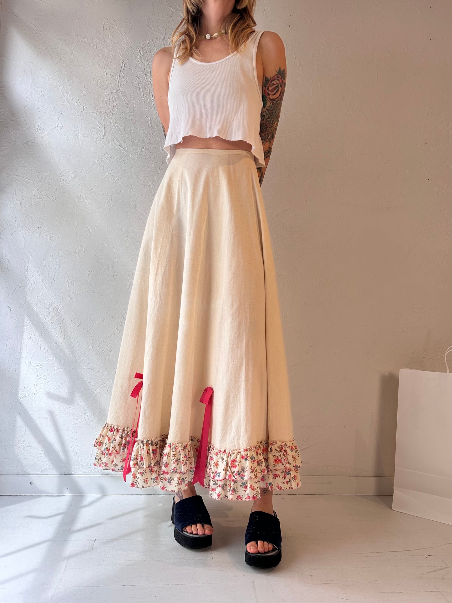 Vintage Handmade Cream Ruffle Maxi Skirt / XS - Small