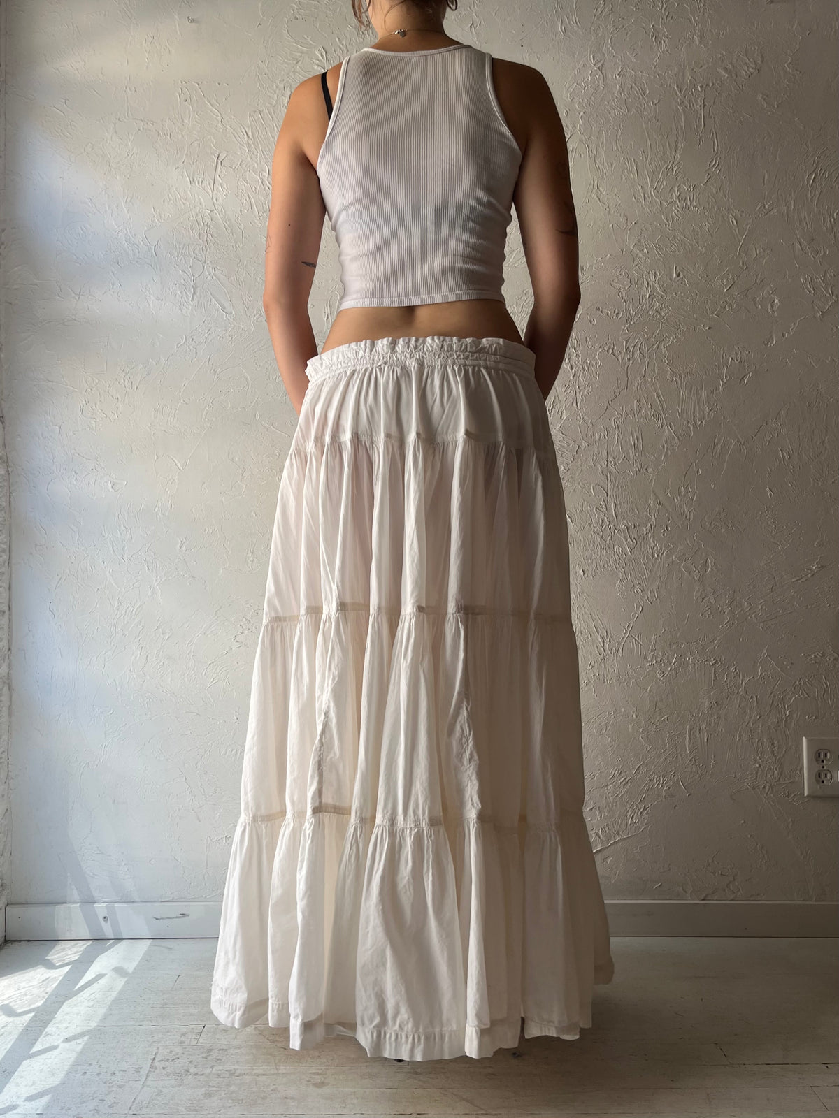90s 'HL Bis' White Cotton Prairie Teared Cottagecore Maxi Skirt / Medium - Large