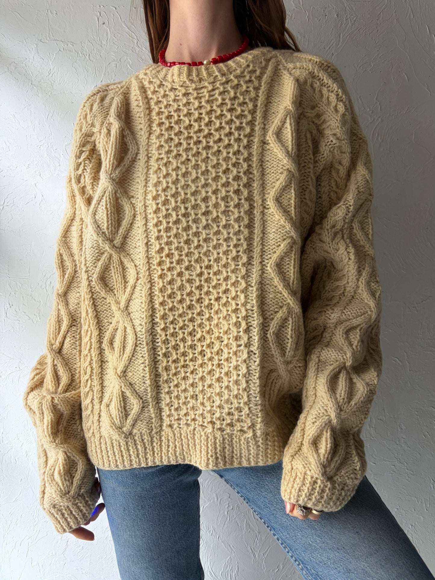 Vintage Butter Yellow Cable Knit Fishermans Sweater / Medium