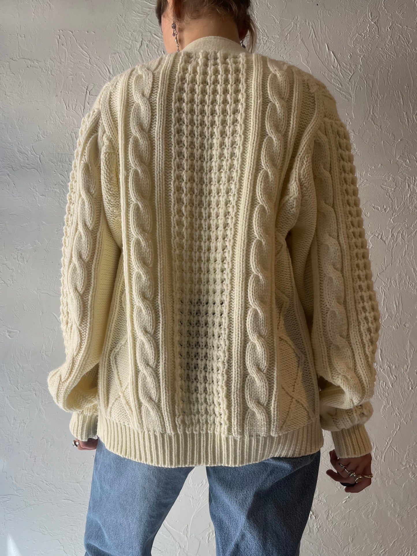 70s 'Sears' Cream Acrylic Cable Knit Cardigan Sweater / Medium