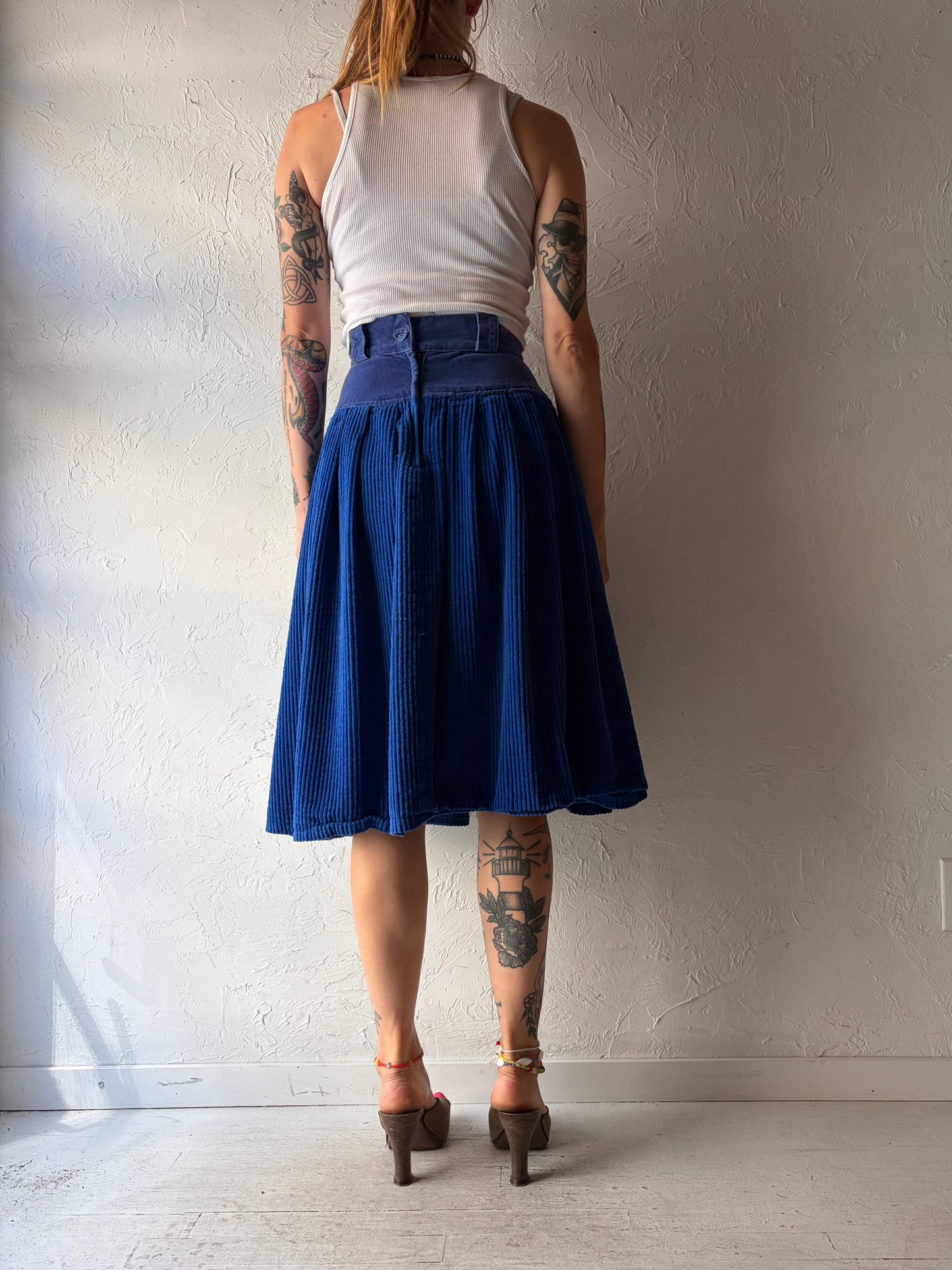 90s 'Together' Blue Corduroy Retro High Rise Midi Fall Skirt / Small