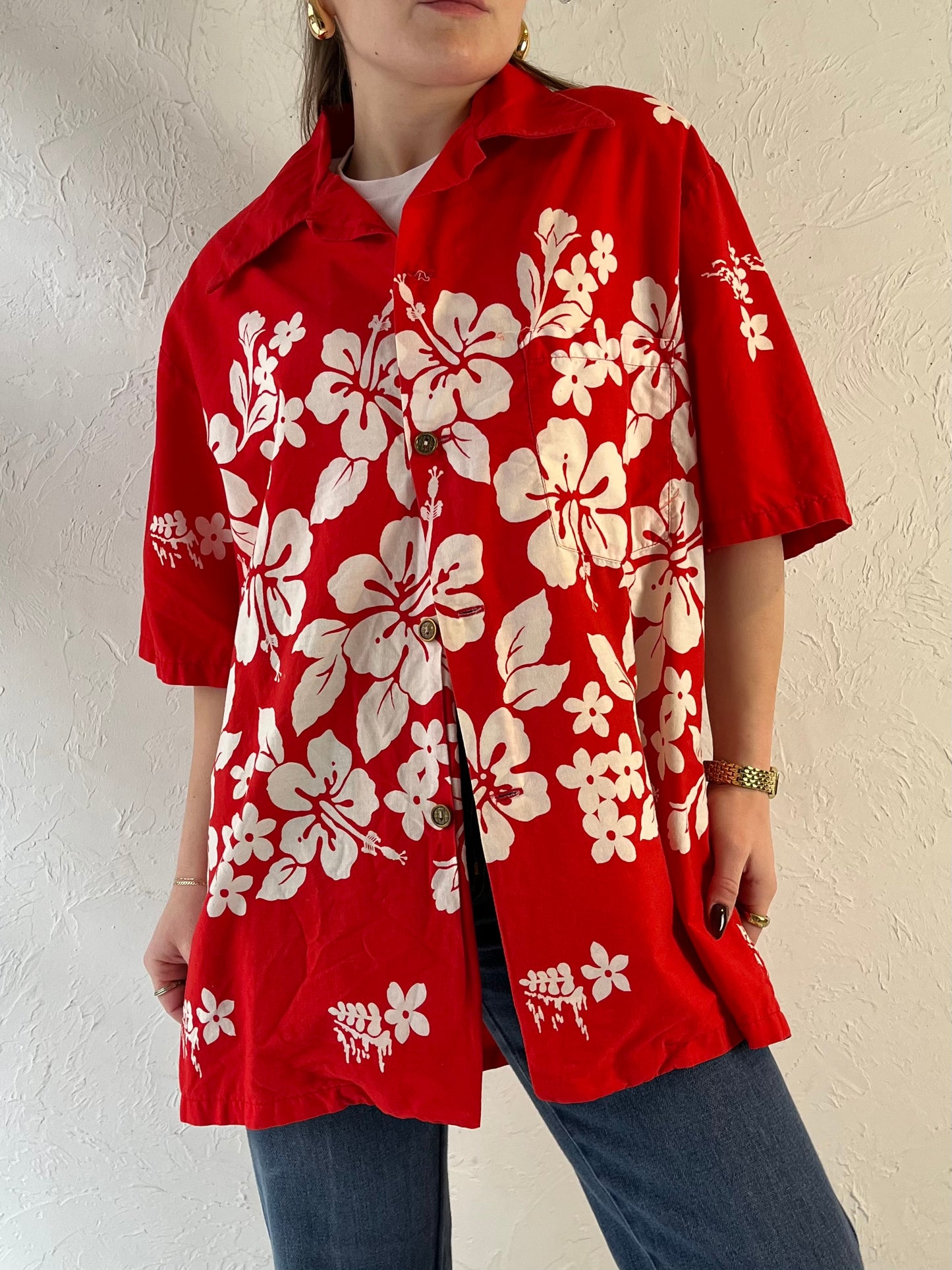 70s ‘Ui Maikai’ Red Cotton Hawaiian Shirt / Medium