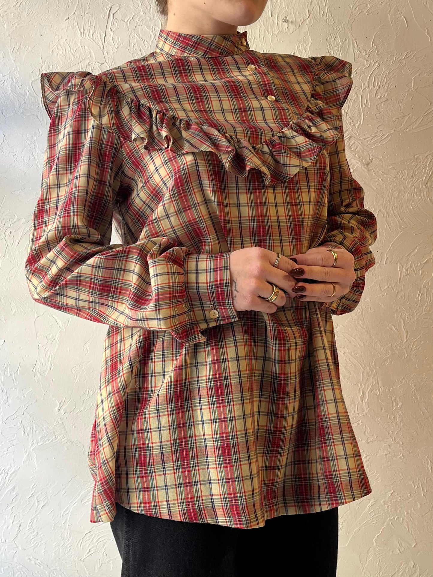 70s ‘Andra Inc’ Plaid Western Ruffle Blouse / Medim