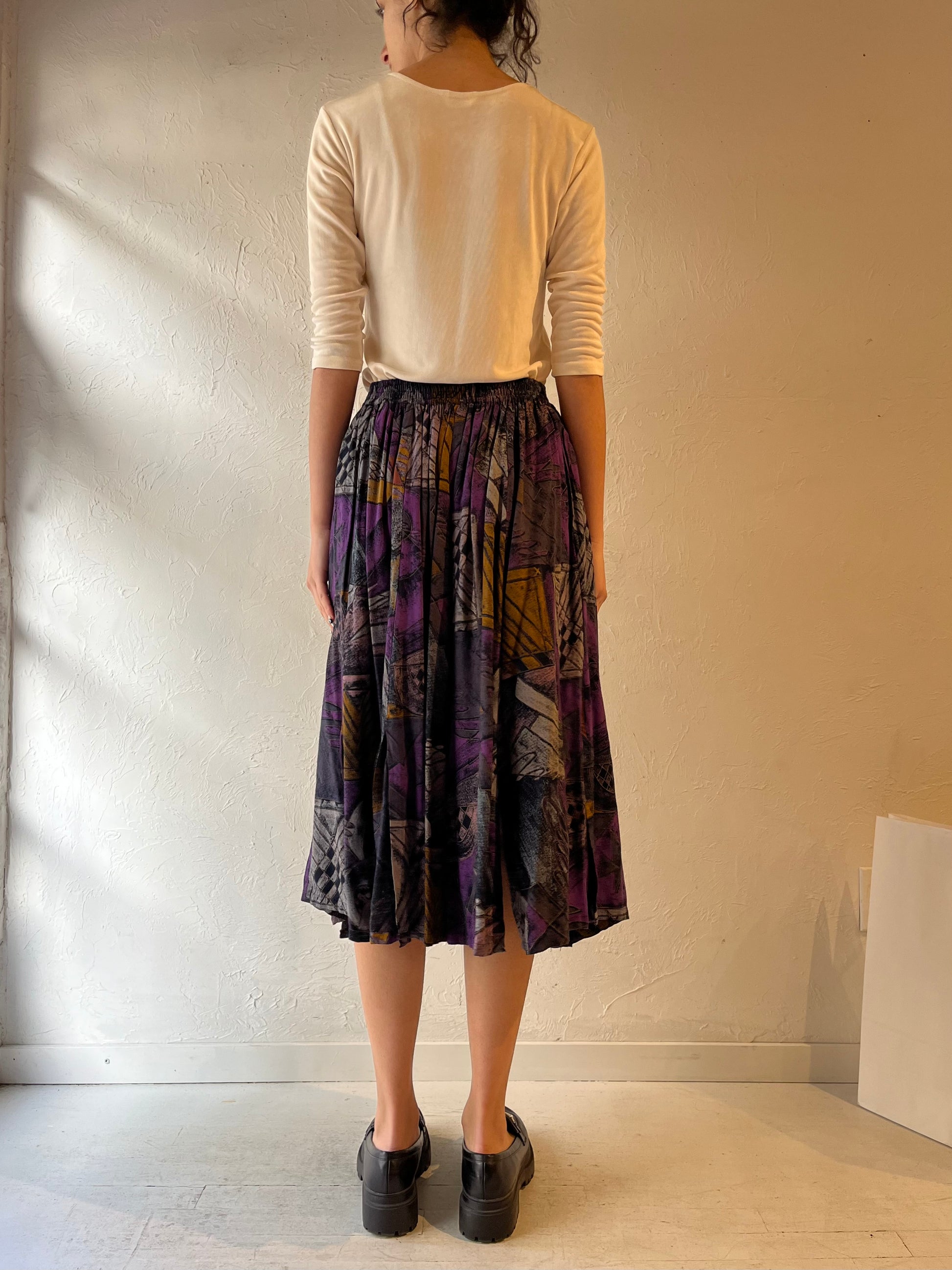 90s ‘Fengy’ Patterned Rayon Midi Skirt / Small