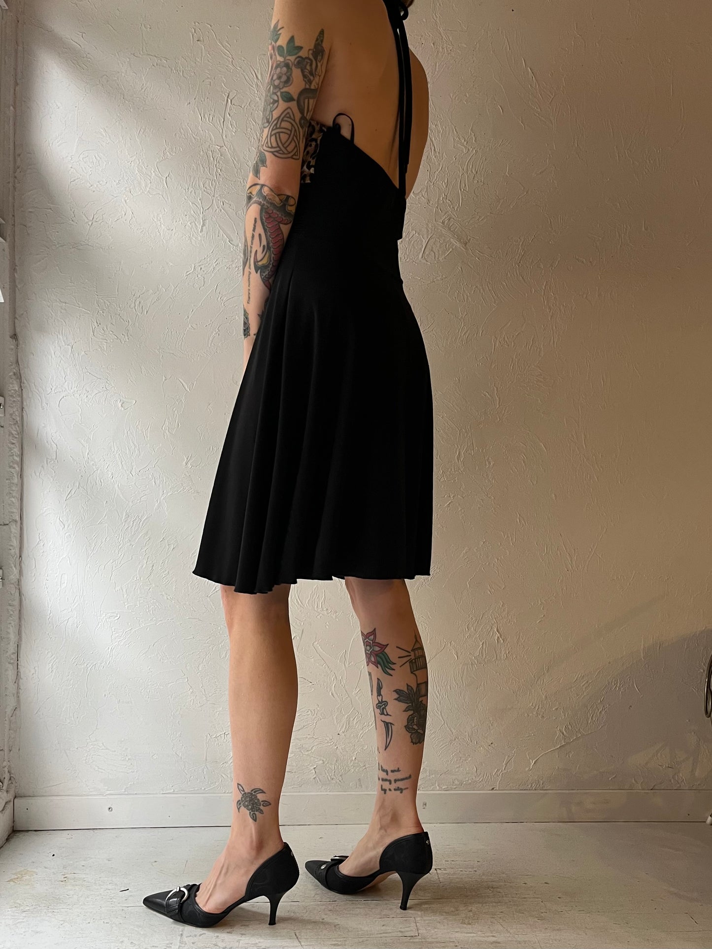 Y2k 'Jubi' Black Sliky Cheetah Halter Dress / Medium