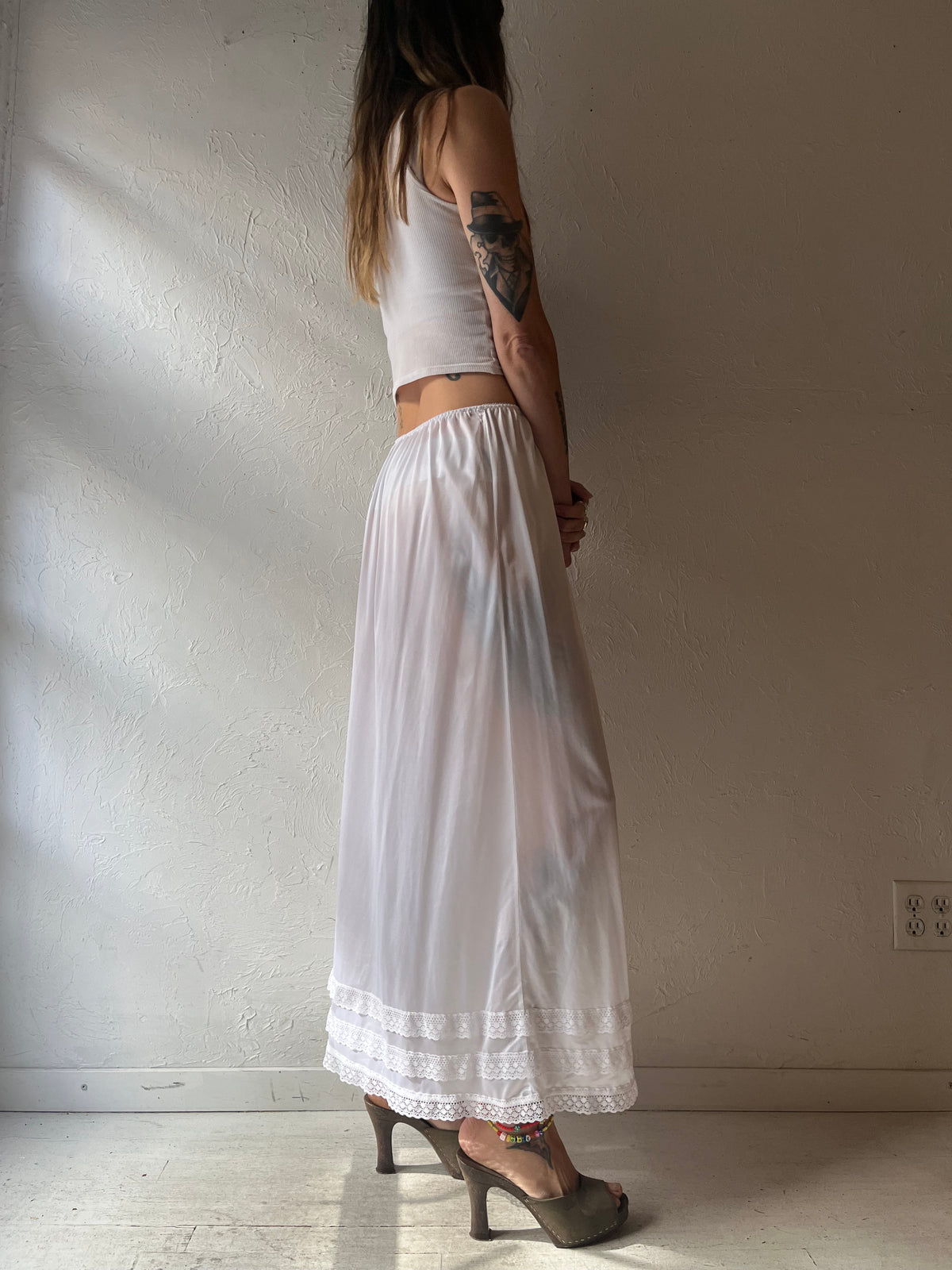 90s 'Image' White Nylon Slip Maxi Skirt / Small
