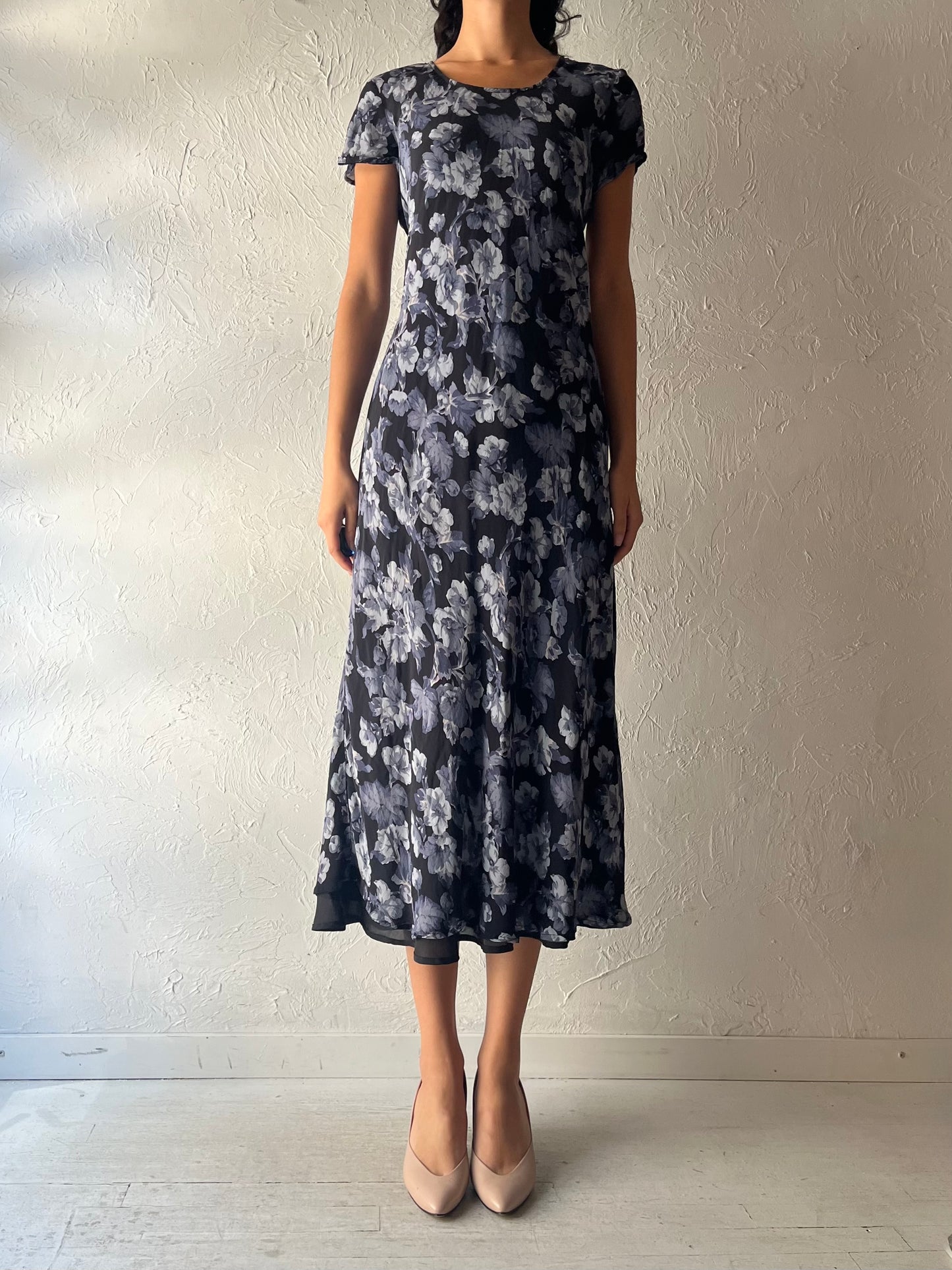 90s 'Jones & Co' Floral Print Rayon Midi Dress / Medium