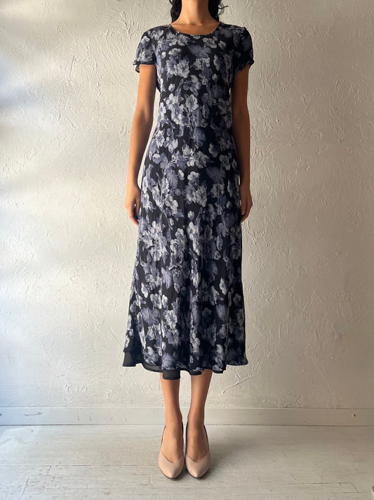 90s 'Jones & Co' Floral Print Rayon Midi Dress / Medium