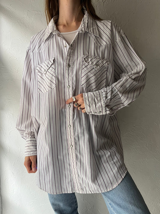 Vintage 'Western Craft' Purple Striped Pearl Snap Shirt / Large