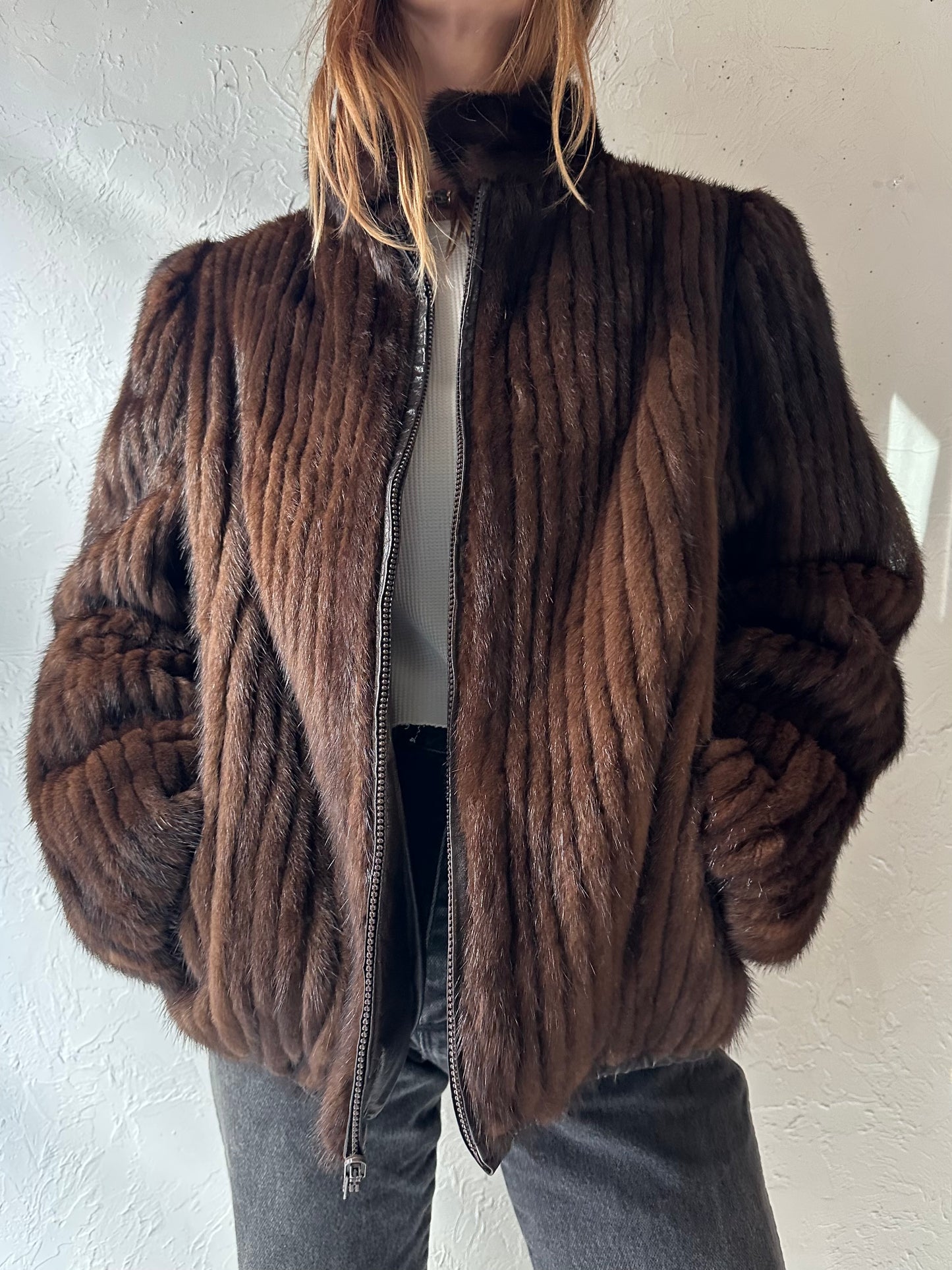 80s Reversible Fur and Leather Bomber Jacket / Small