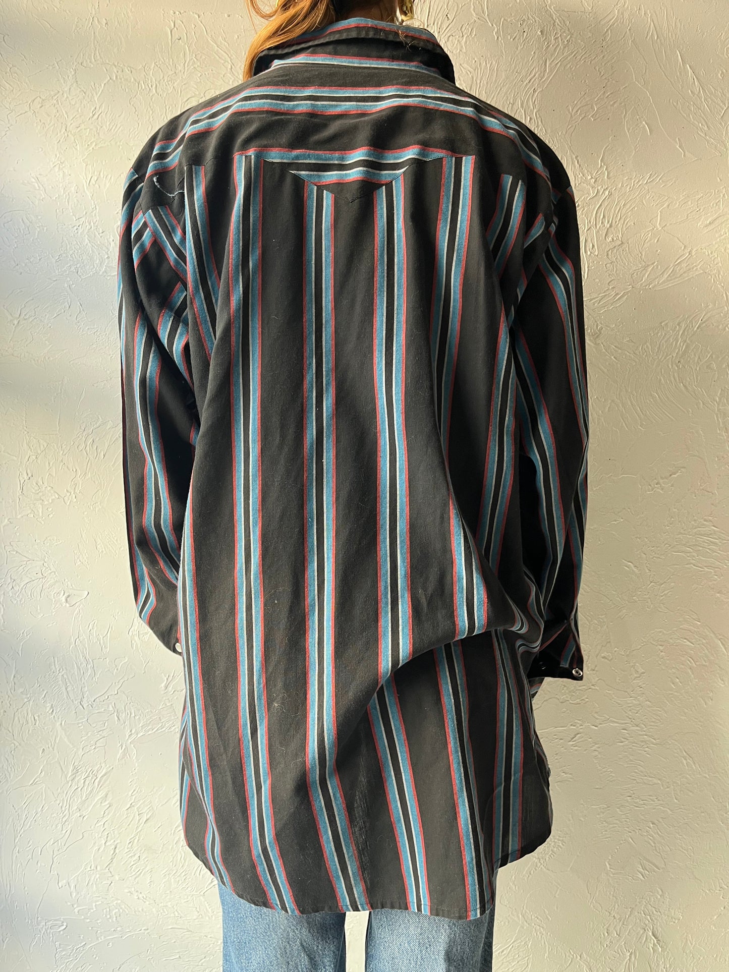 Y2k 'Western Craft' Black Striped Western Cowboy Workwear Pearl Snap Up Shirt / Large