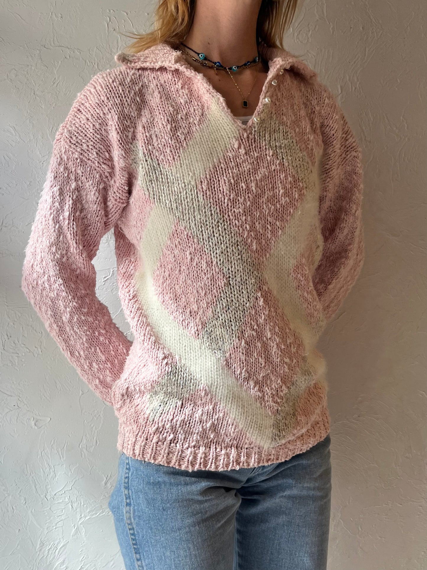 90s 'Lauren Hansen' Pink Collared Sweater / Medium