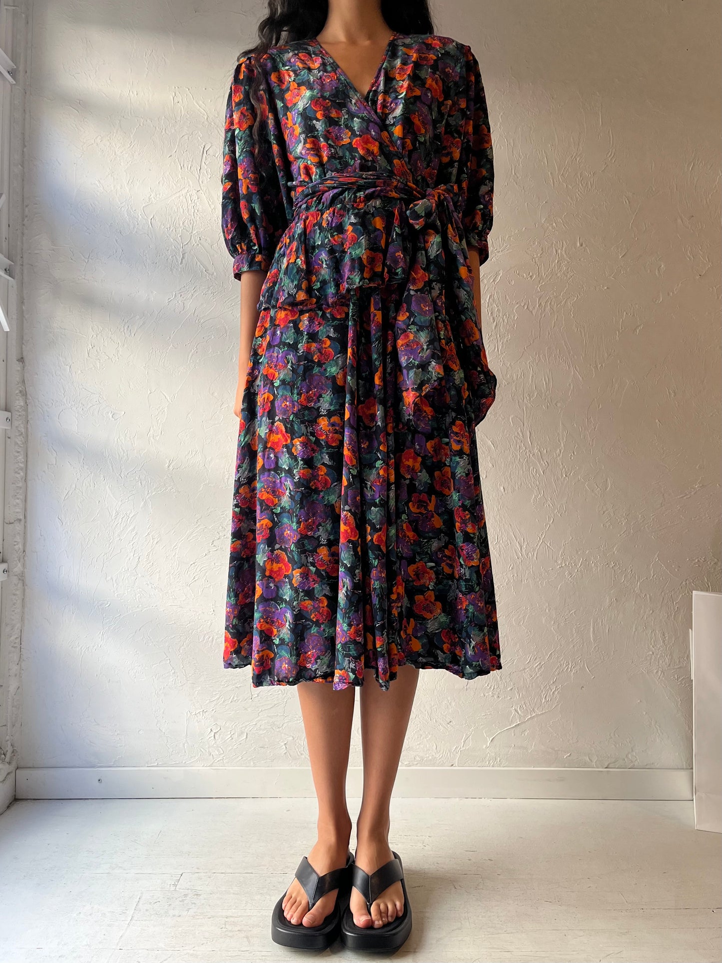 80s 'Jaegar' Floral Print Midi Dress / Small