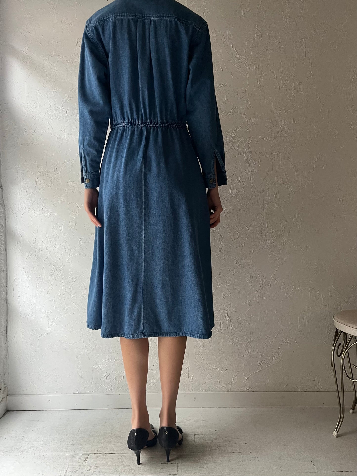 90s 'Talbots' Collared Denim Midi Dress / Small