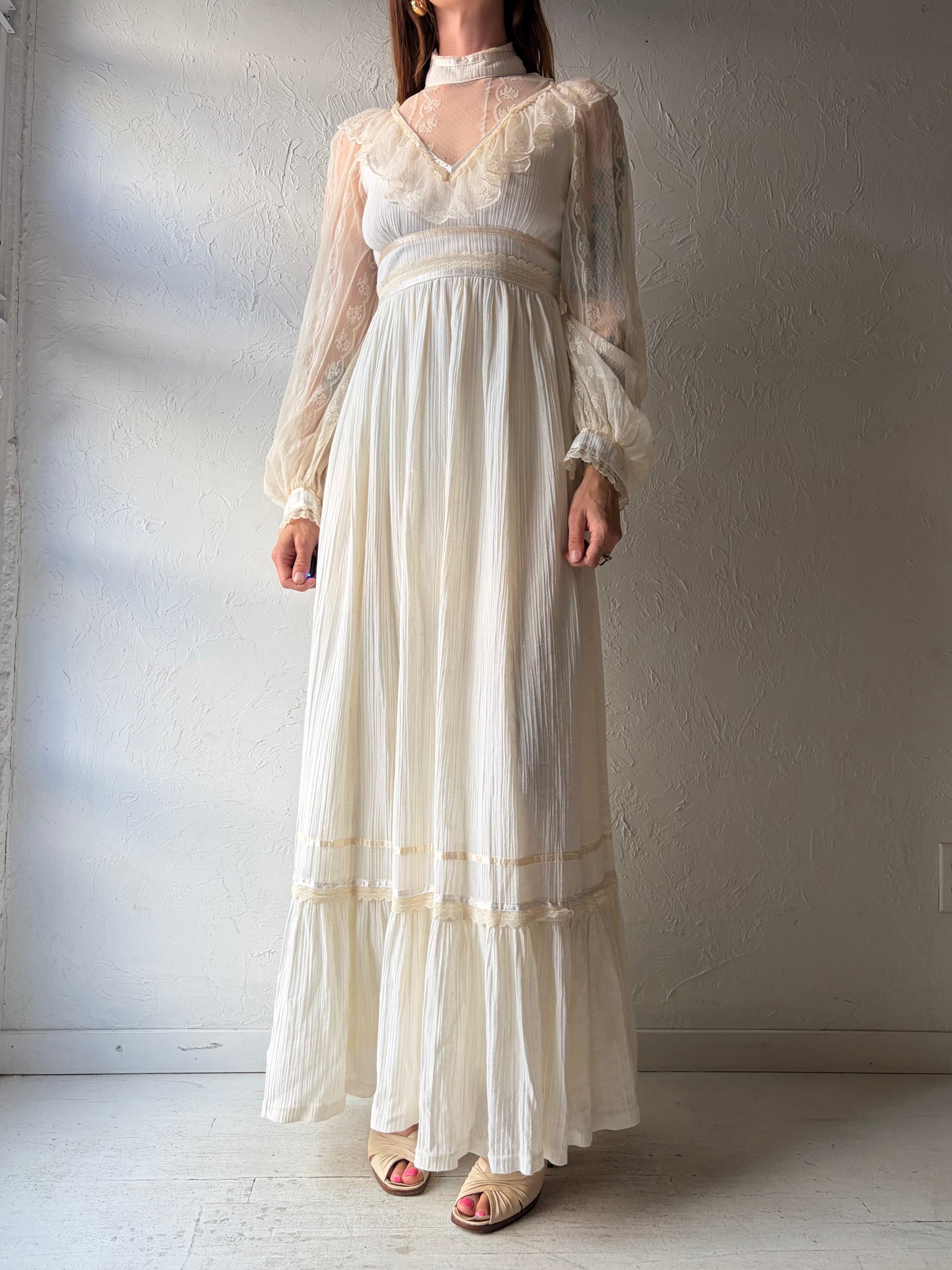 70s Cream Peasant Style Long Sleeve Maxi Dress / Small
