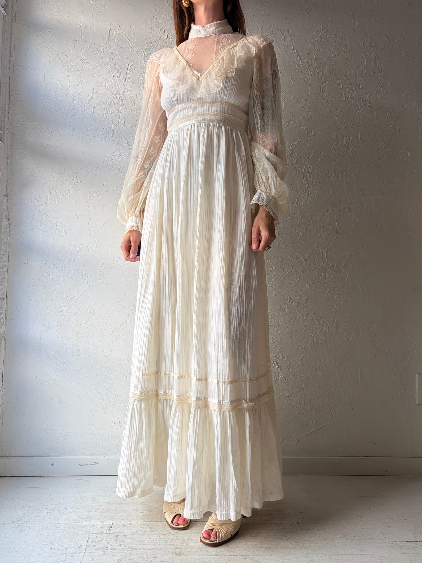 70s Cream Peasant Style Long Sleeve Maxi Dress / Small