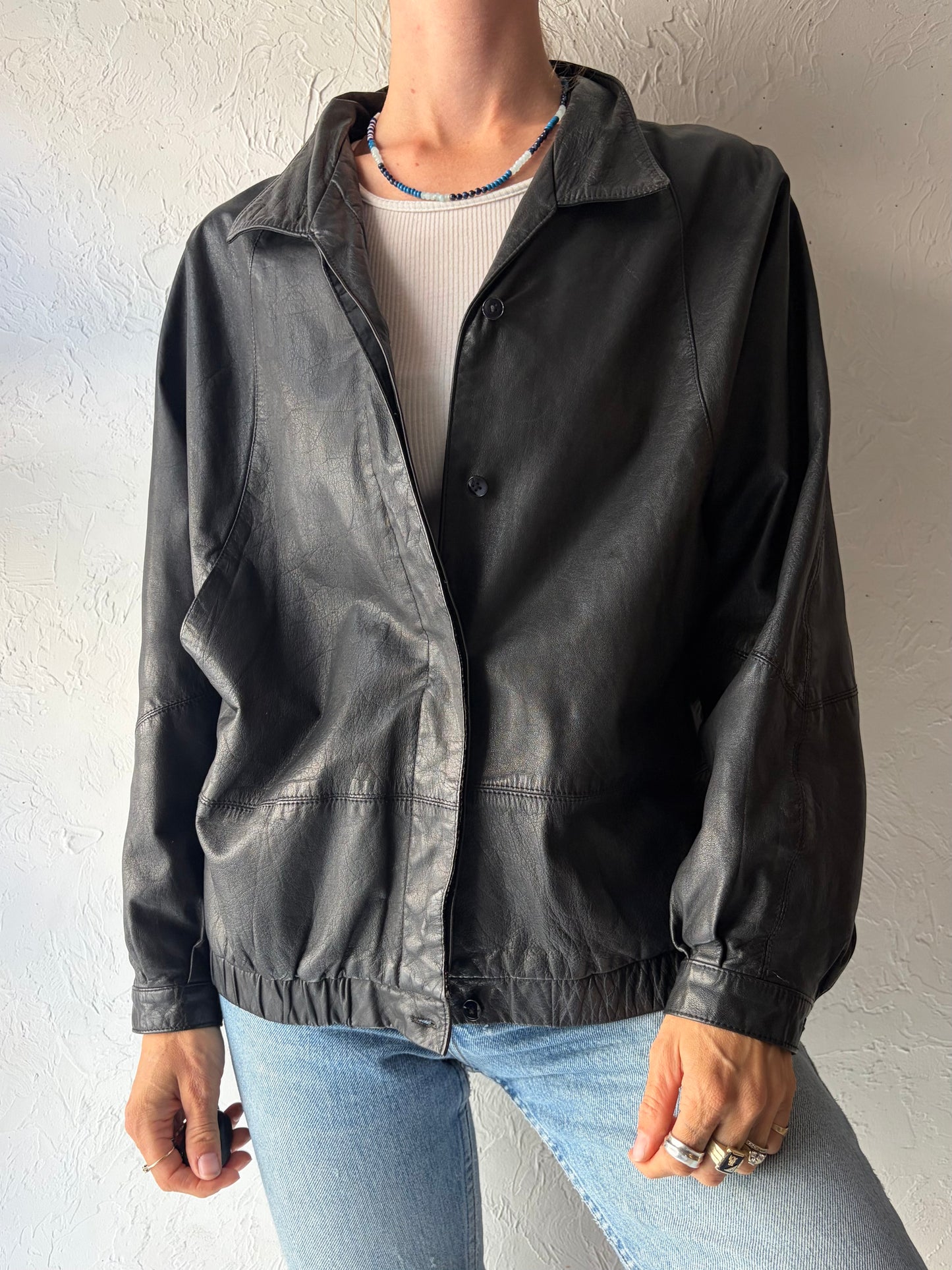 90s 'Elegance' Black Retro Grungecore Leather Jacket / Medium