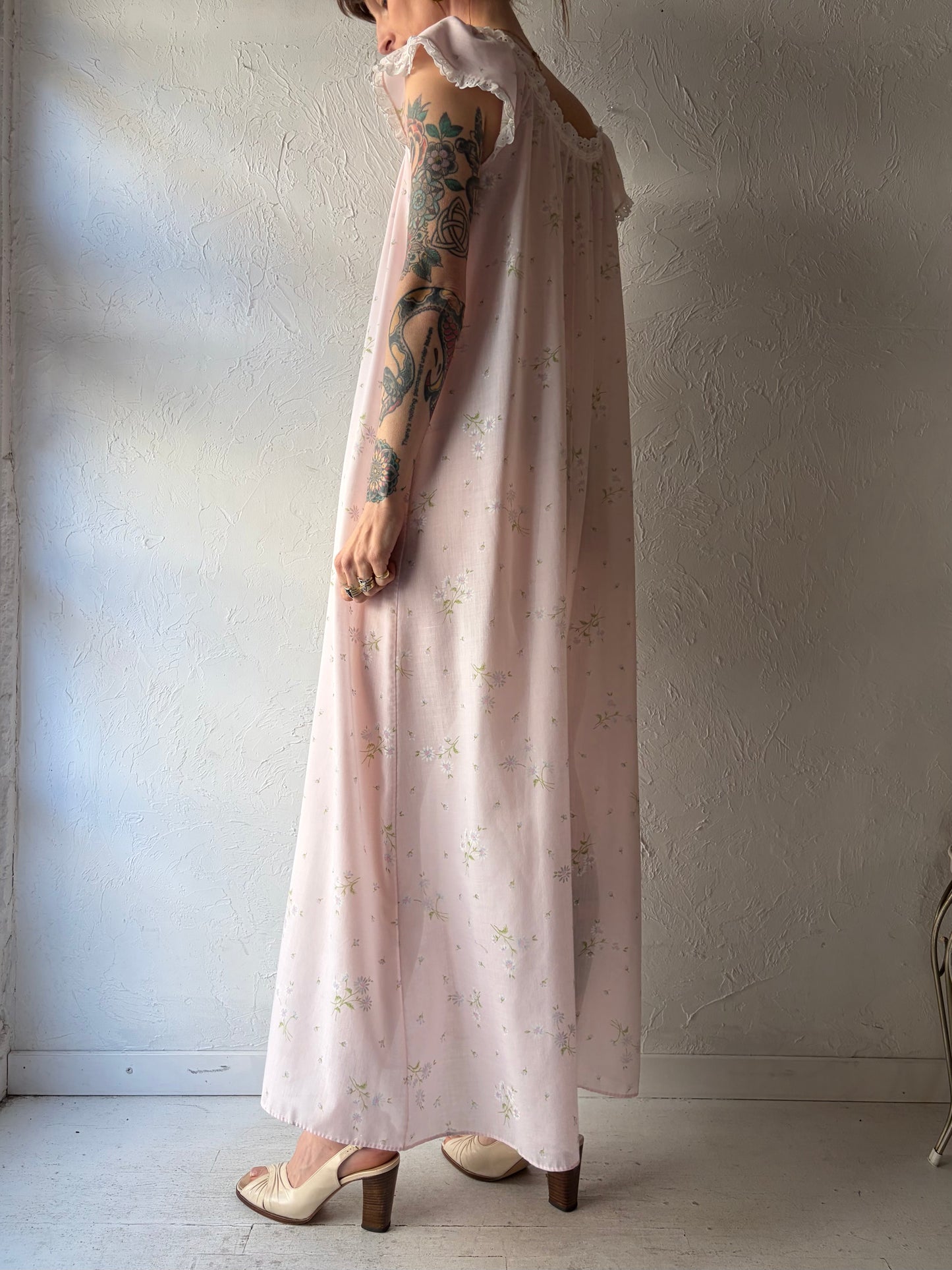 80s 'Komar' Pink Daisy Print Nighty Maxi Dress / Small