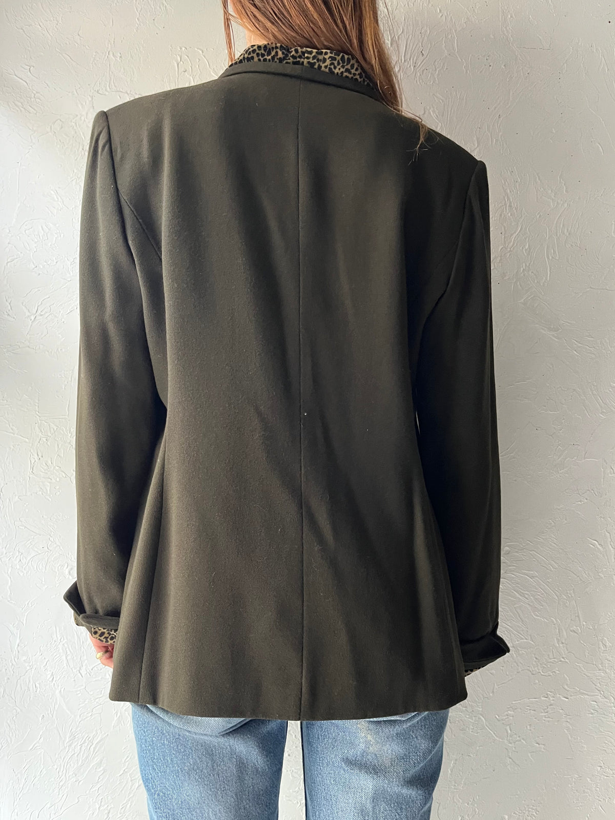 Y2k ‘Kasper A.S.L.’ Olive Green Leopard Trim Double Breasted Blazer Animal Print Statement Jacket / Large