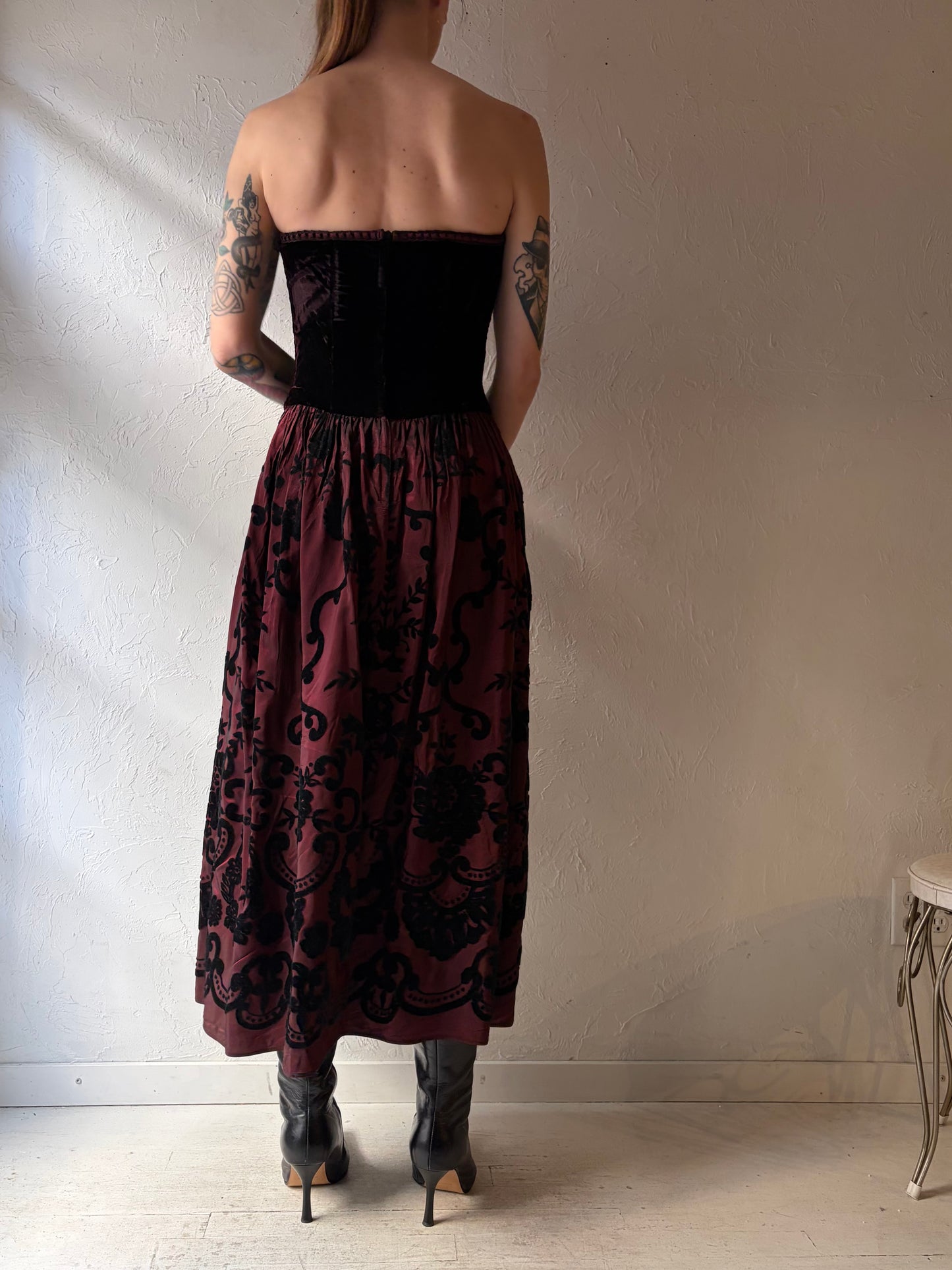 80s 'Scott McClintock' Strapless Burnt Velvet Formal Dress / Small