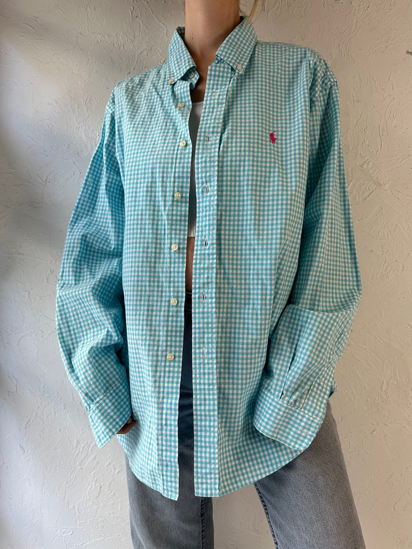 Y2k 'Ralph Lauren' Blue Gingham Cotton Shirt / XL