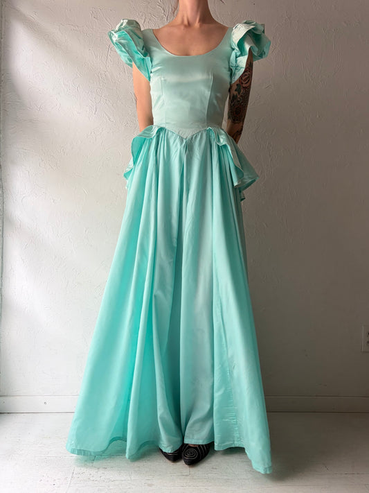 80s Mint Green Satin Formal Maxi Dress / Small