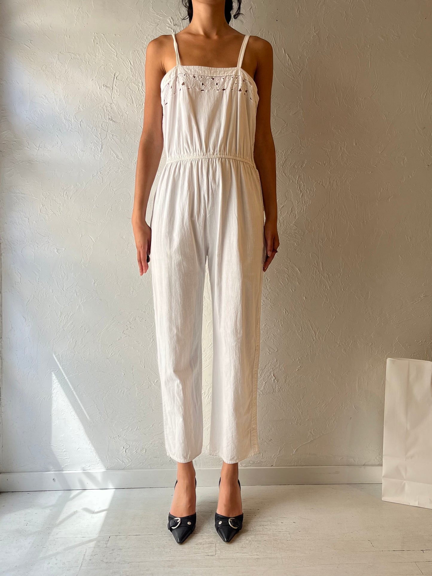 70s 'Marianne' White Cotton Jumpsuit / Small