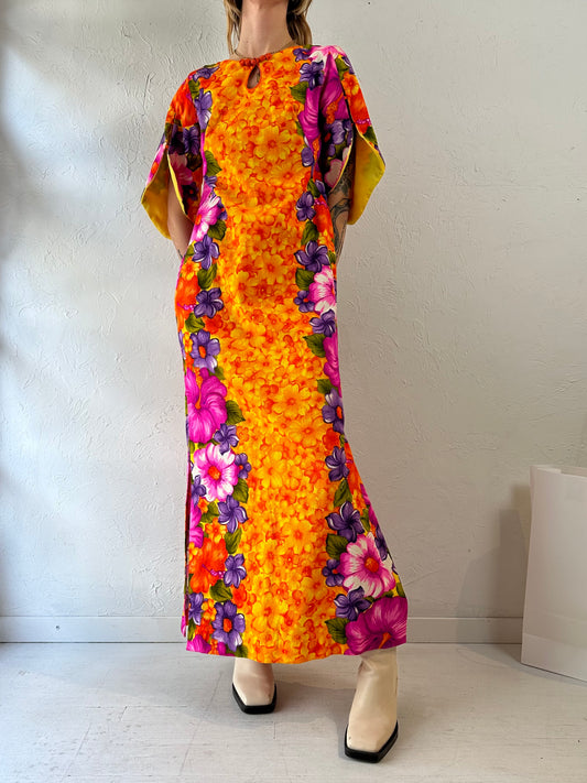 70s 'Hawaiian Togs' Floral Print Maxi Dress / Medium