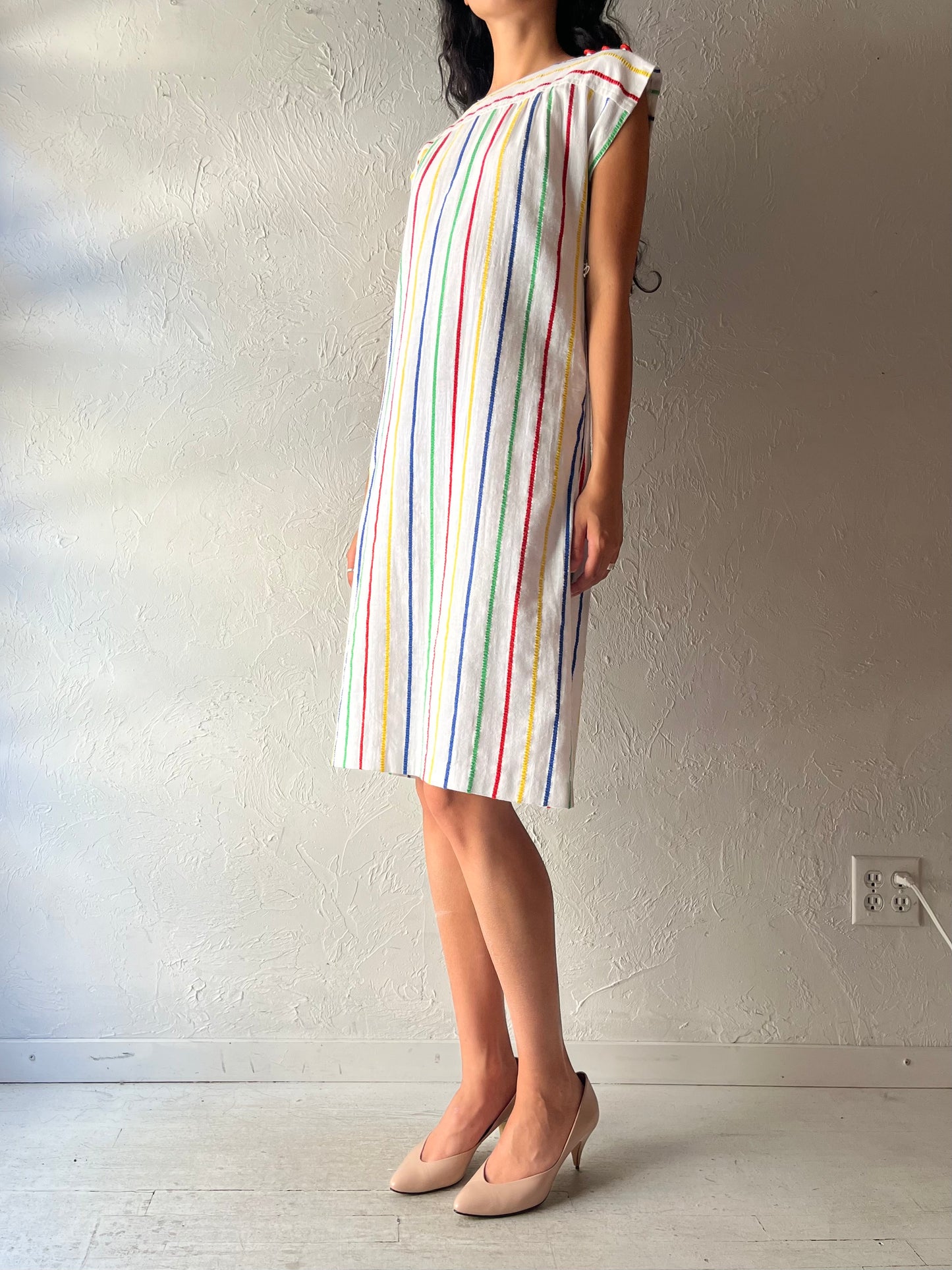 70s 'Pantel' Striped Cotton Midi Dress / Small