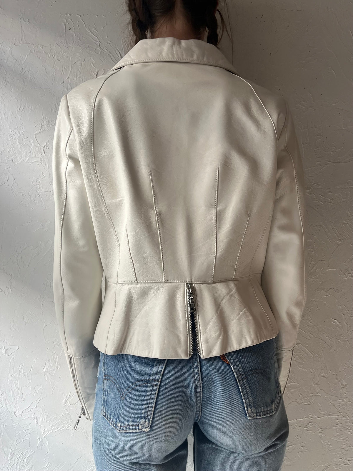 Y2K 'Danier' White Leather Retro Moto Minimalist Streetwear Jacket / Small