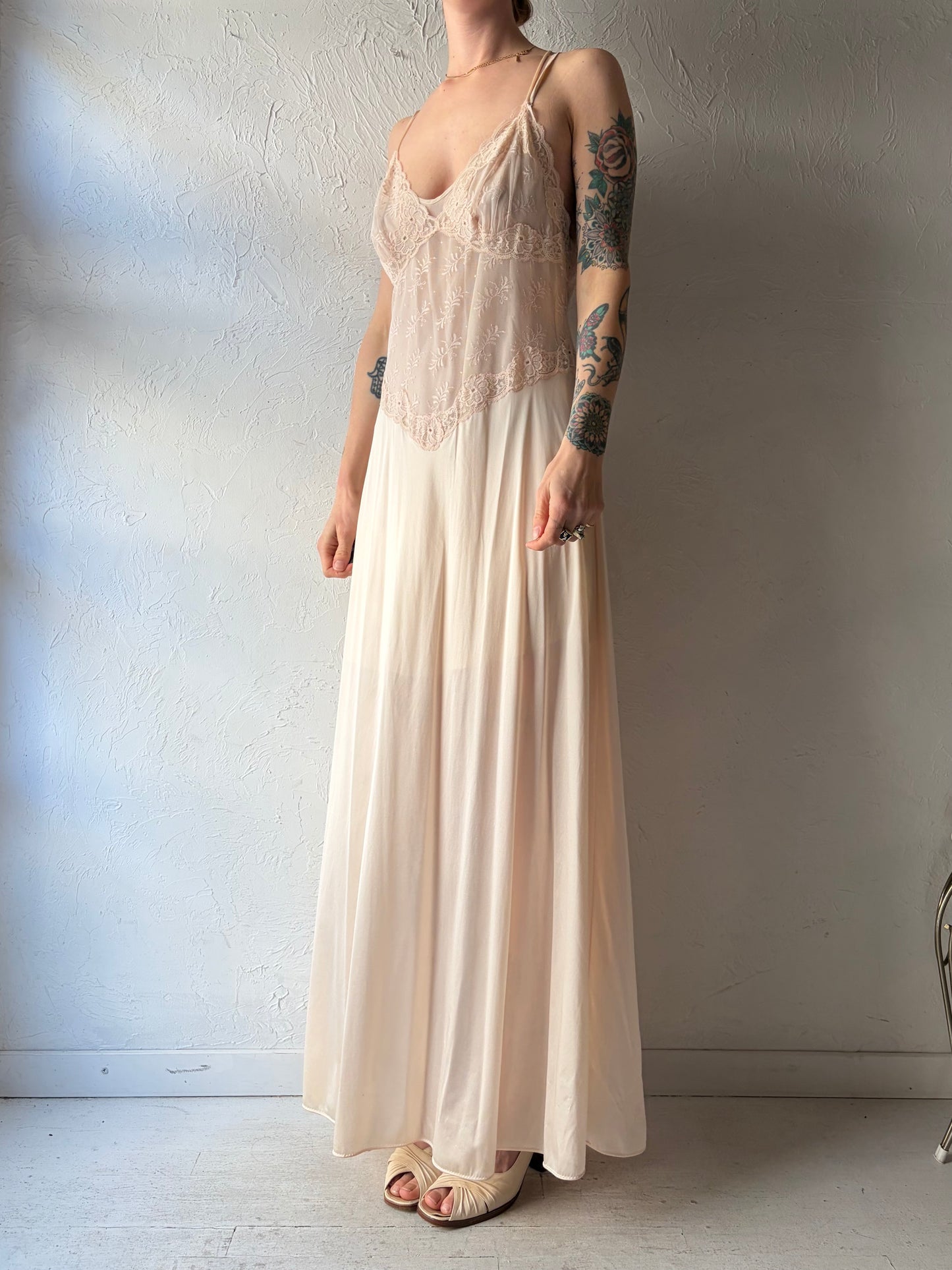 80s 'Vanity Fair' Pink Lacey Maxi Slip Dress / Small