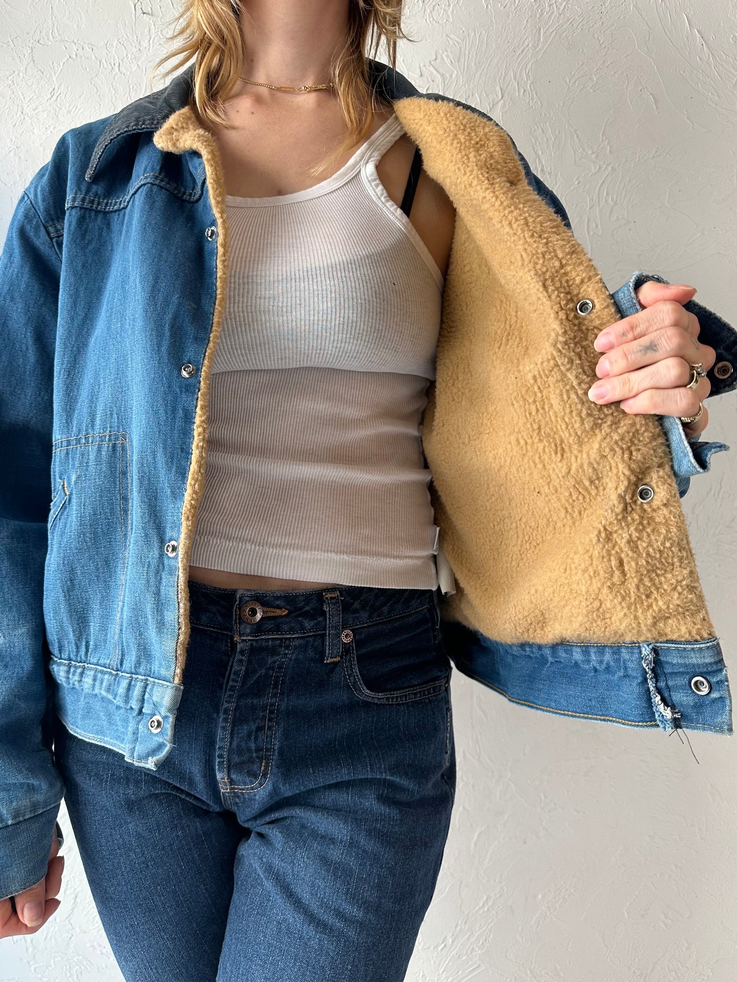 90s 'Ely' Faux Fur Cropped Denim Jacket / Large