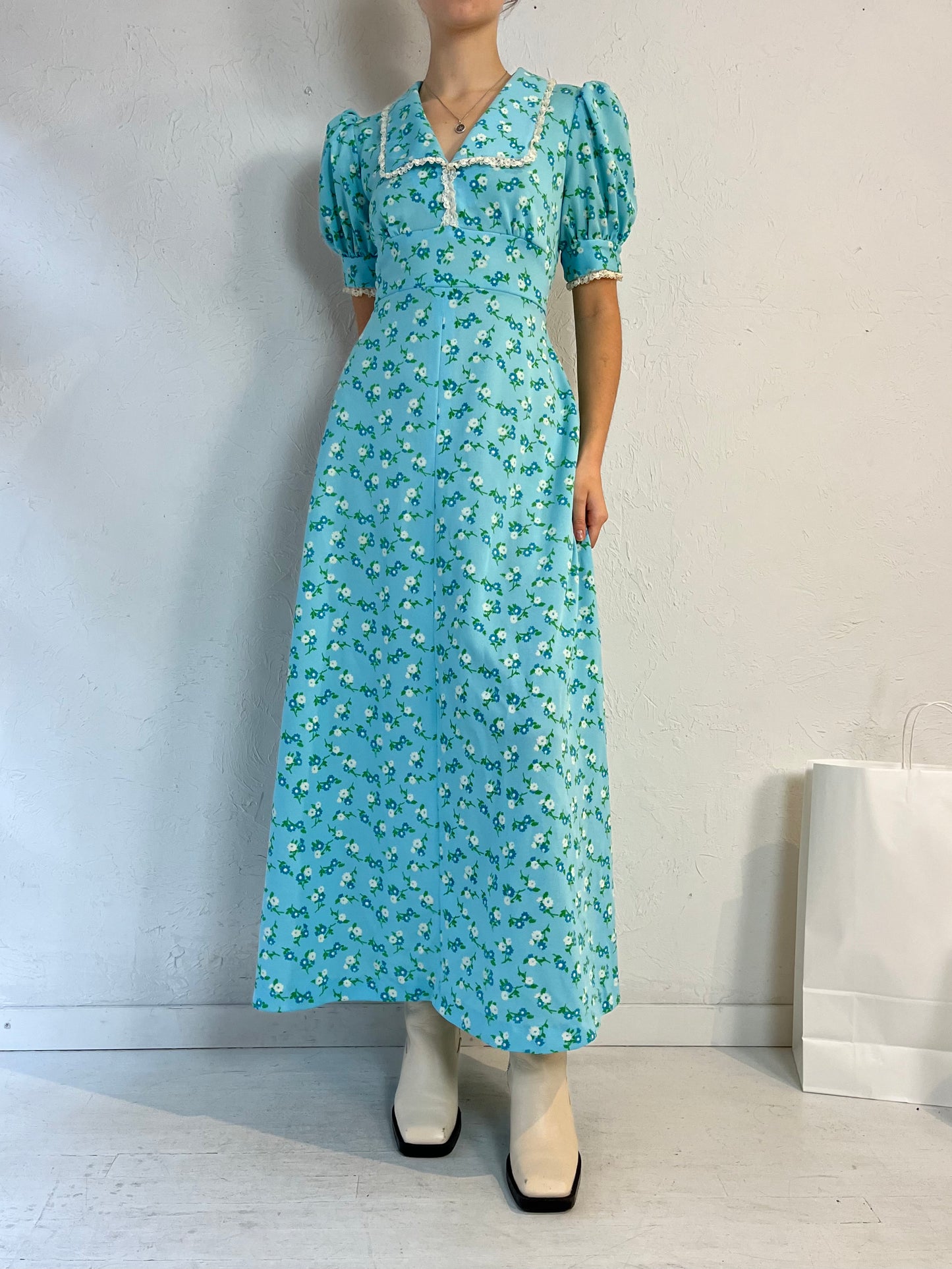 Vintage Handmade Blue Floral Peasant Dress / Small