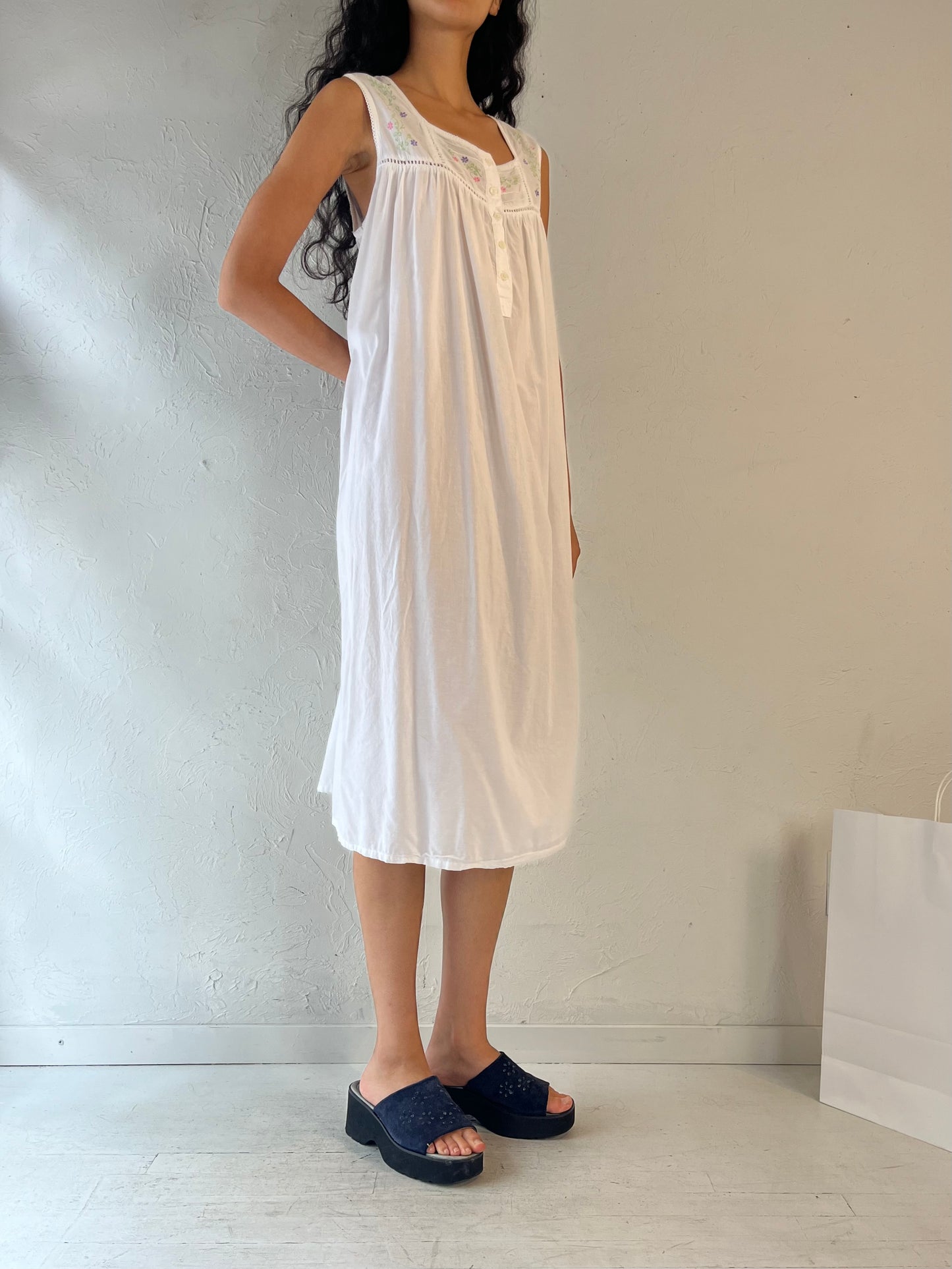 Vintage White Cotton Midi Dress / Medium