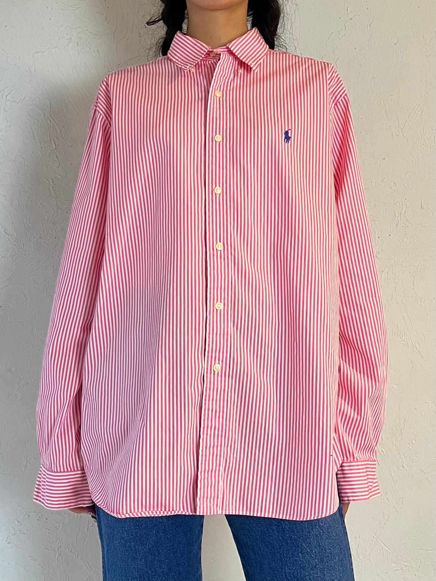 Y2K ‘Ralph Lauren’ Pink Pin Stripe Button Up Shirt / XL