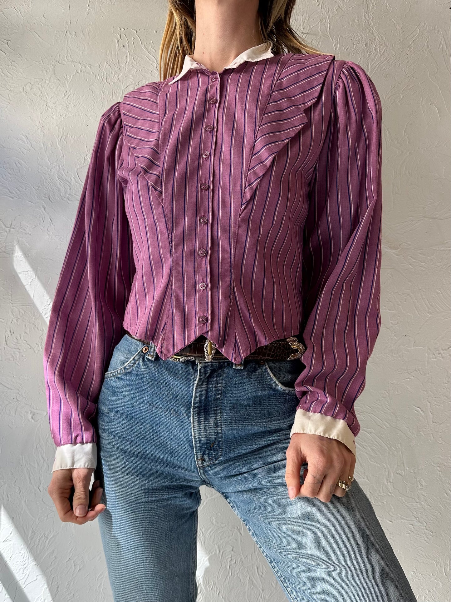 70s 'Freedom' Purple Striped Blouse / Medium