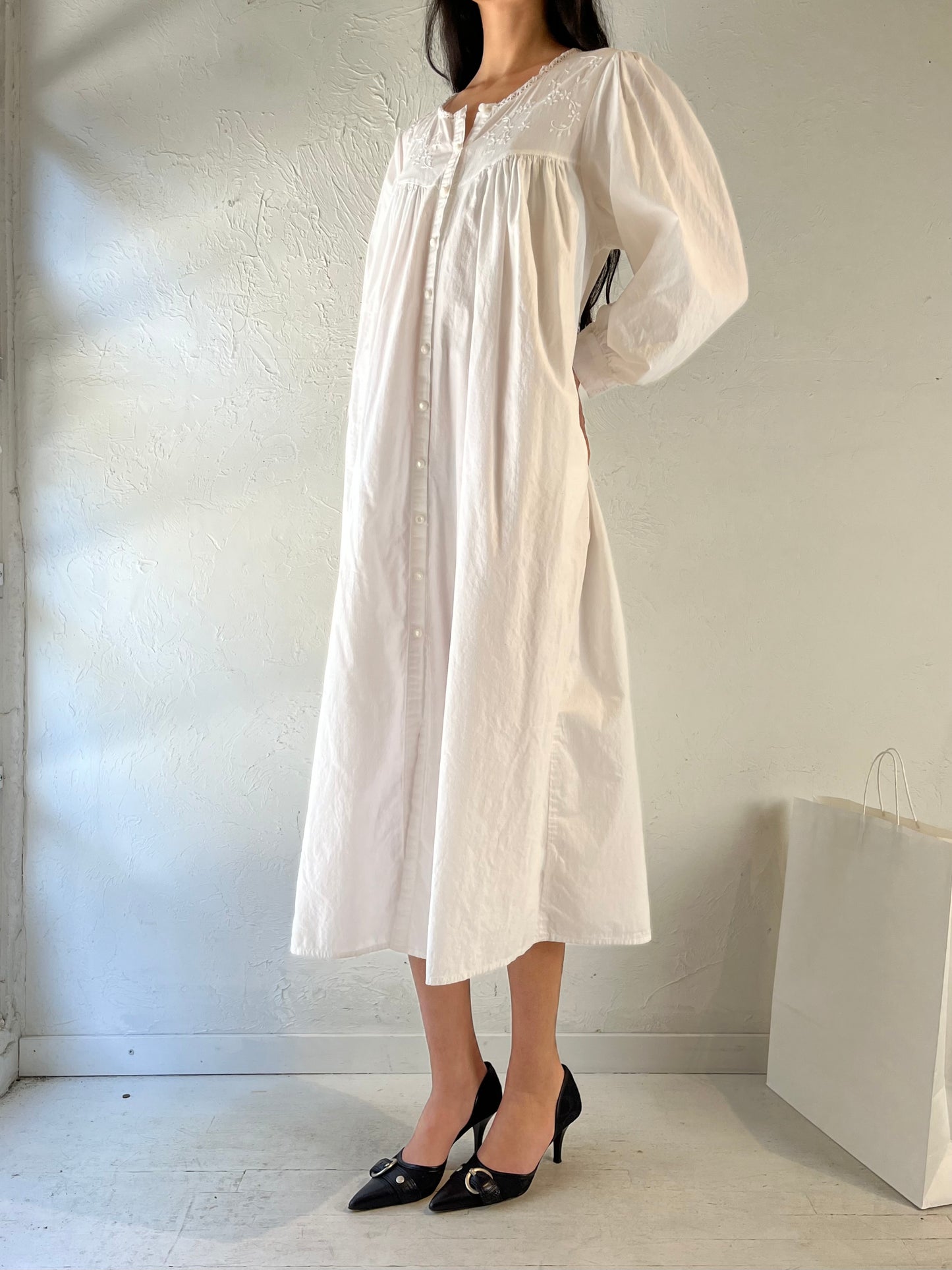 90s ‘Nice N Comfy’ White Cotton Dress / Small