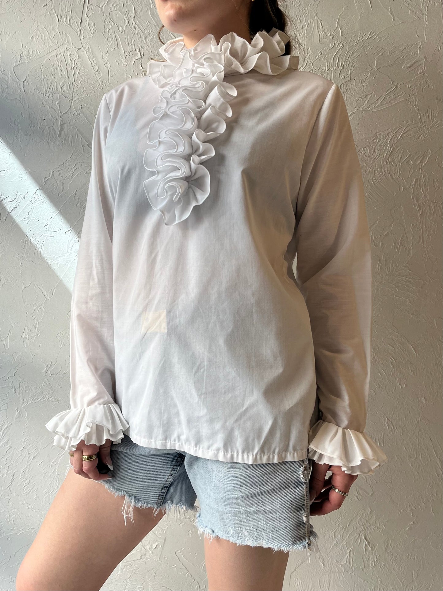 70s 'Ben Rose' White Ruffle Blouse / Union Made / Small